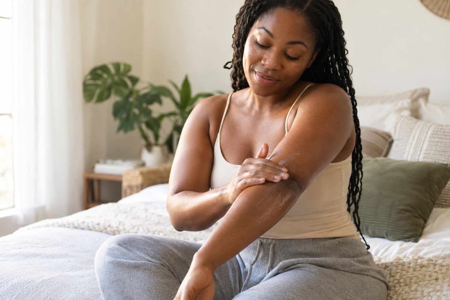 Black woman moisturizing her forearm during a quiet everyday routine