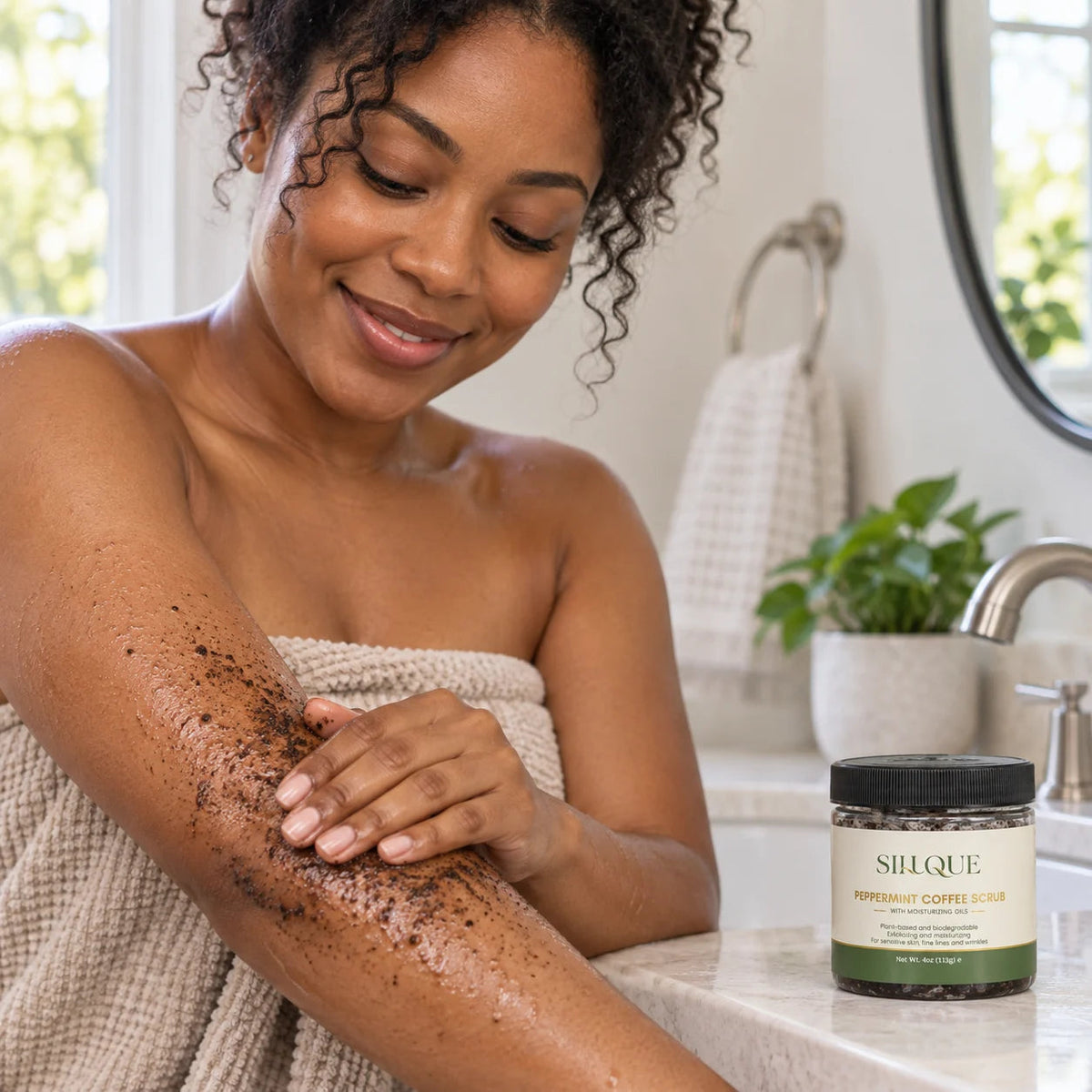 Black woman gently applying Sillque Peppermint Coffee Scrub to her damp forearm