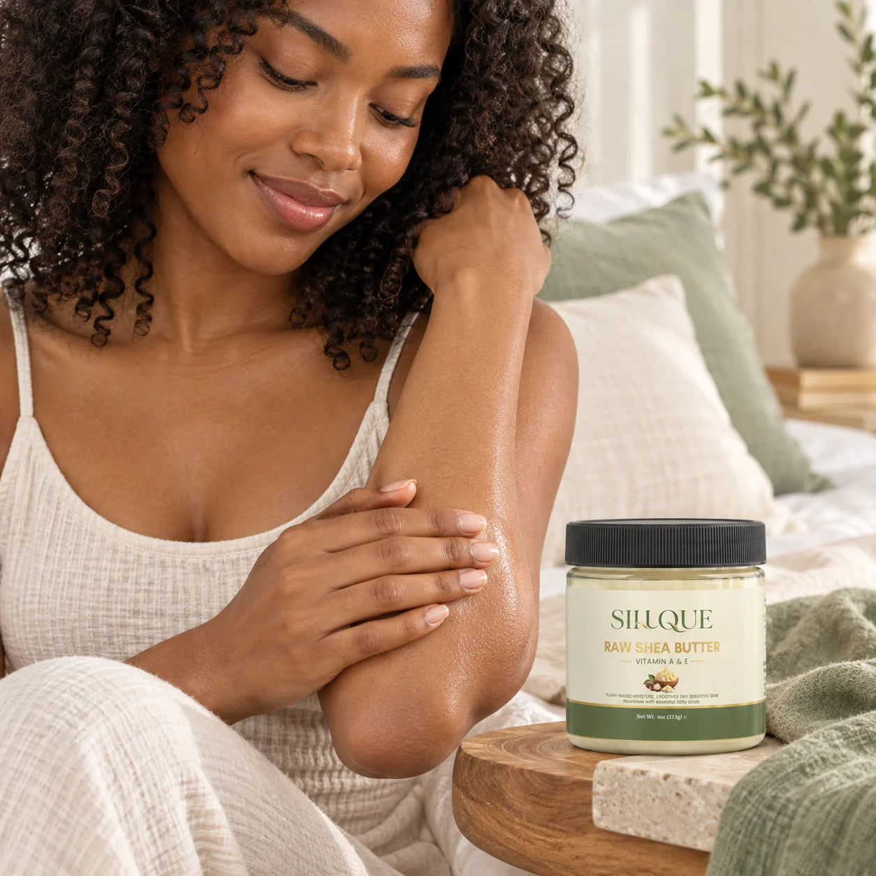 Sillque Raw Shea Butter beside a woman moisturizing her forearm