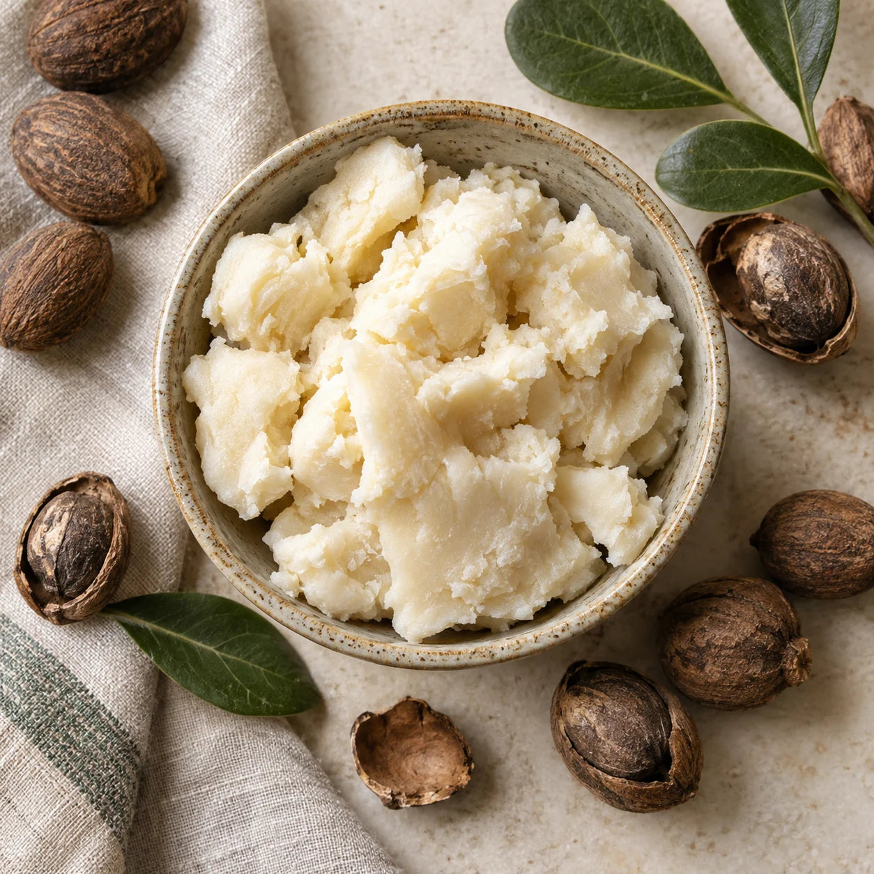Raw shea butter with shea nuts, shells and green leaves