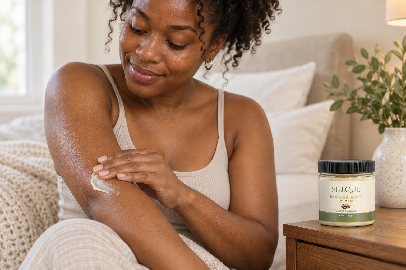 Black woman moisturizing her arm with Sillque Raw Shea Butter