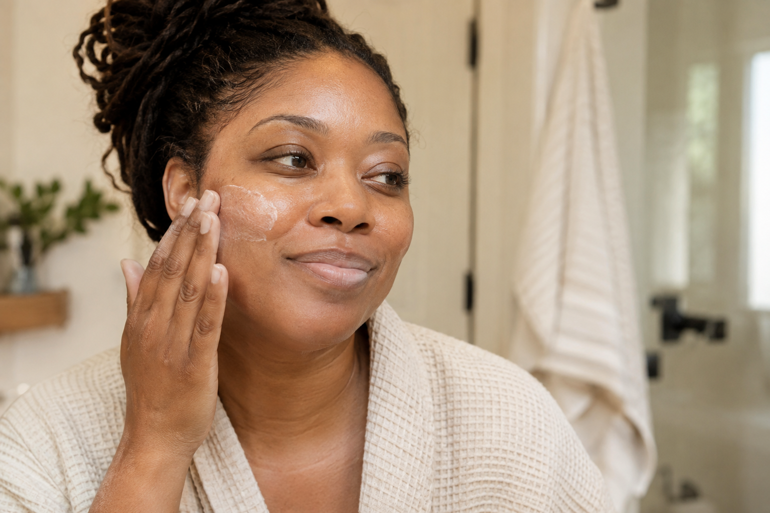 Black woman gently moisturizing her cheek during a normal skincare routine